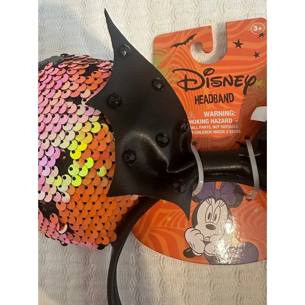 NWT Disney Minnie Mouse Sequin Faux Leather Batwing Black Orange Halloween Ears